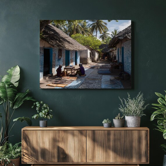 Zanzibar Africa Village Life Poster Women Weaving Fabric Palm Scene Art
