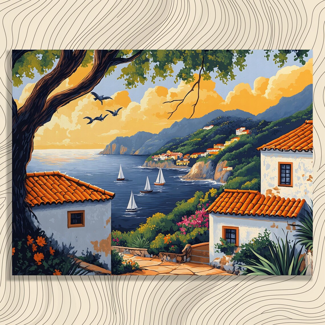 Mediterranean Coastal Village Sunset Sailboat Travel Style Art Poster
