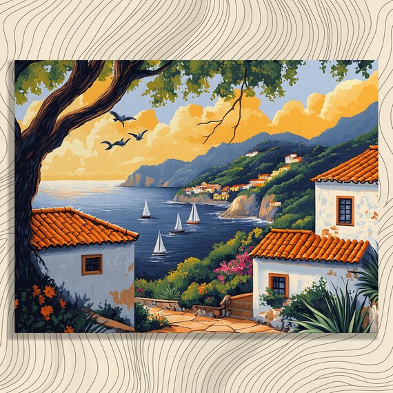 Mediterranean Coastal Village Sunset Sailboat Travel Style Art Poster