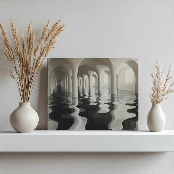 Surreal Mirror Corridor Flooded Colonnade Optical Illusion Art Poster