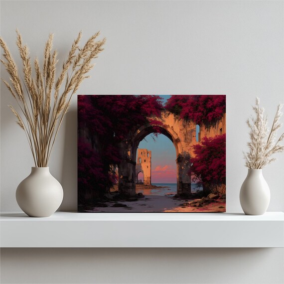 Tropical Coastal Stone Arch Ruins Sunset Bougainvillea Beach Art Poster