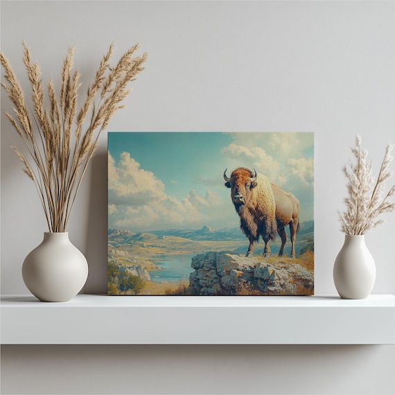Majestic Bison Canvas Wall Art Wichita Mountains Ok Landscape Painting For Home Decor Wildlife Nature Print Mountain View Rustic