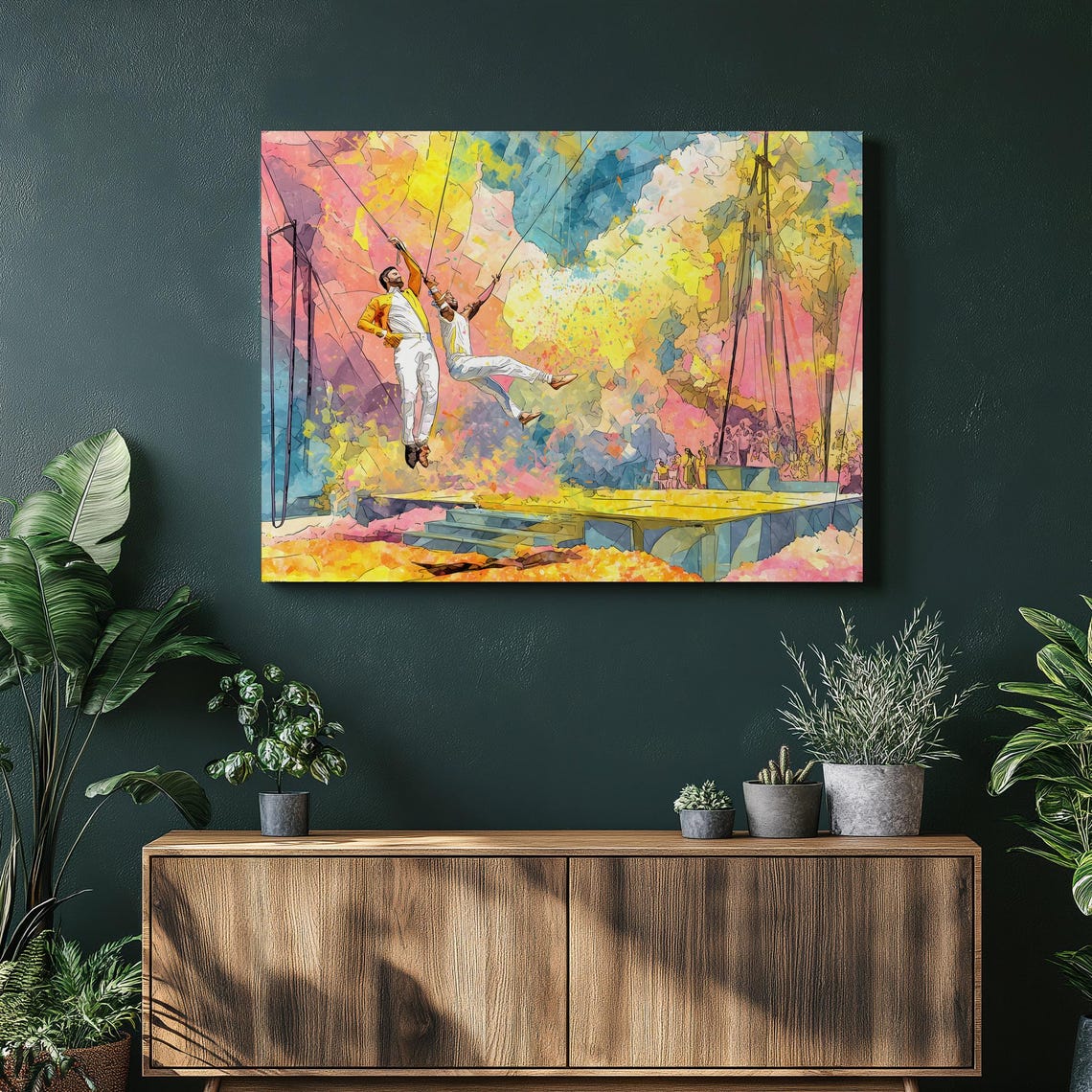 Trapeze Acrobats Canvas Wall Art Colorful Circus Performance Illustration