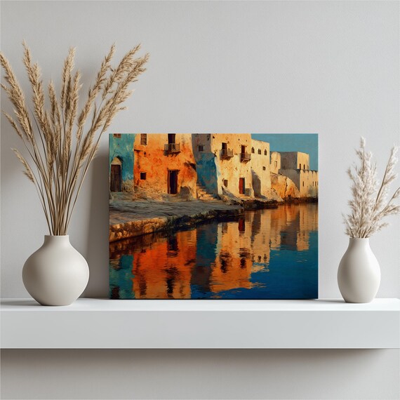 Mediterranean Coastal Village With Sunlit Harbor Reflections Golden Poster