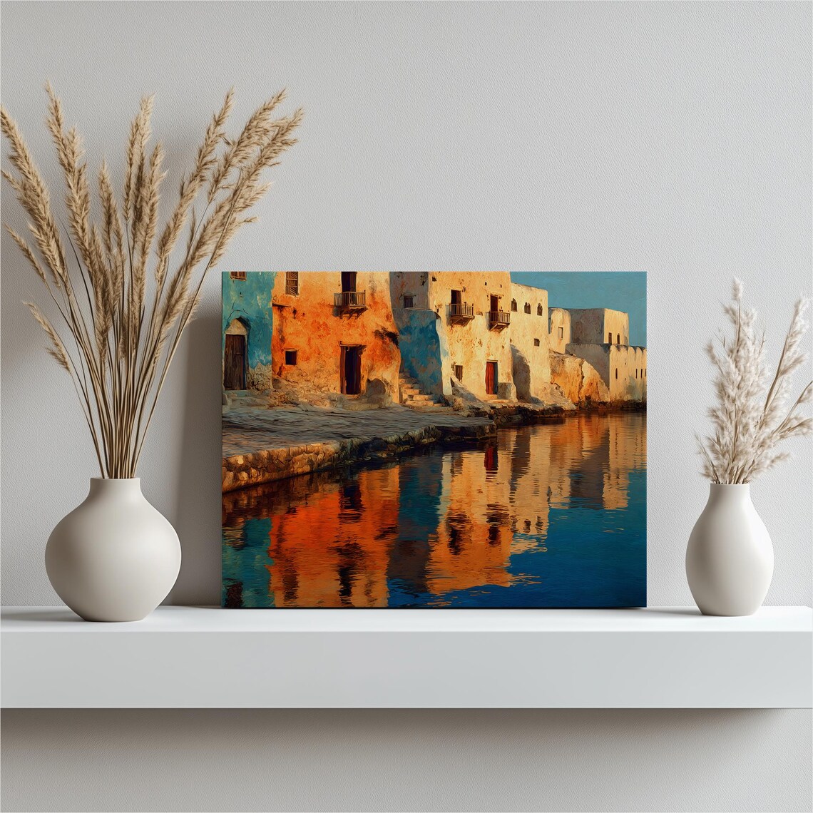Mediterranean Coastal Village With Sunlit Harbor Reflections Golden Poster