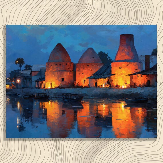 Night Riverside Village Canvas Wall Art Lantern Light Reflection Blue Orange River Boats Historic Beehive Houses Impressionist Print