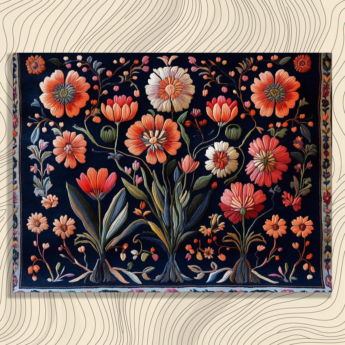Embroidered Floral Tapestry Coral Flowers Dark Navy Botanical Poster