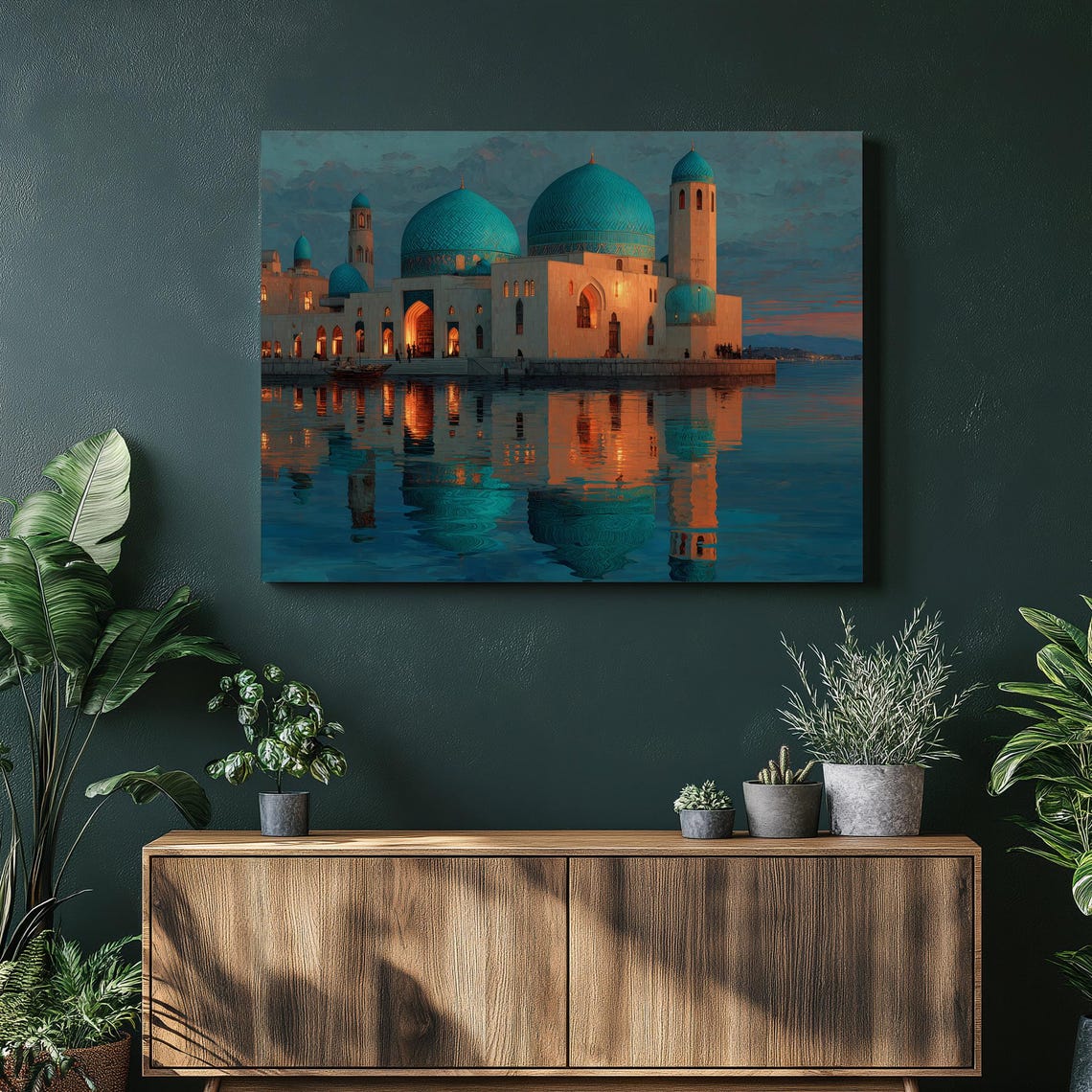 Blue Domed Mosque Waterfront Sunset Reflection Canvas Wall Art