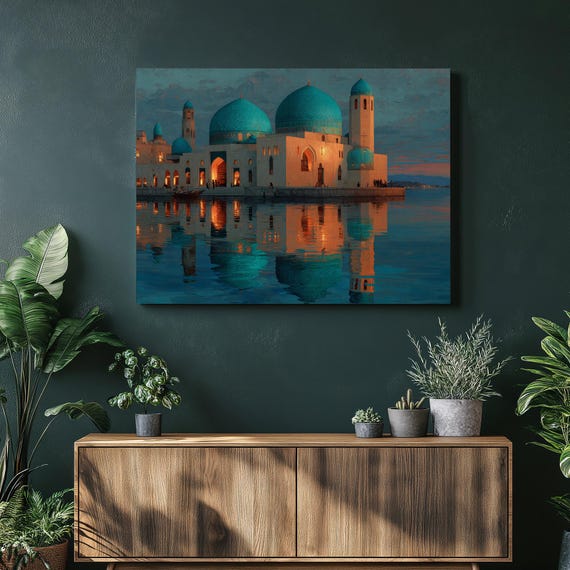 Mosque Sunset Canvas Wall Art Colorful Waterfront Cityscape With Domes And Water Reflections Islamic Inspired Architecture Skyline Print