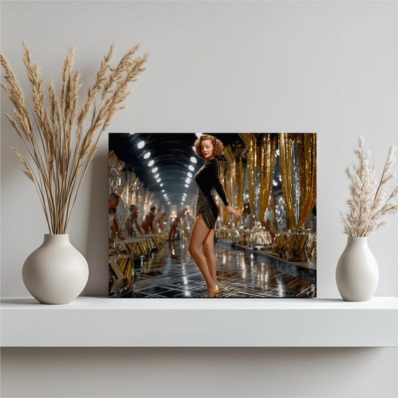 Glamorous Pinup Canvas Wall Art Vintage Print Beaded Dress Retro Decor Golden Hallway Deco Illustration Luxe Glam