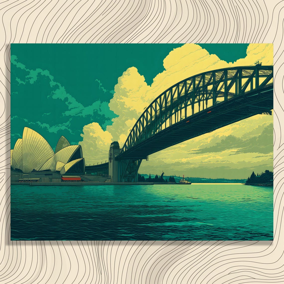 Sydney Opera House And Harbour Bridge Retro Travel Poster In Teal
