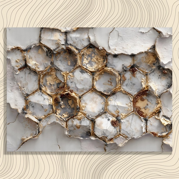 Abstract Honeycomb Canvas Wall Art Textured Geometric Hexagon Gold Accents Neutral Print Modern Decor Painting Gift