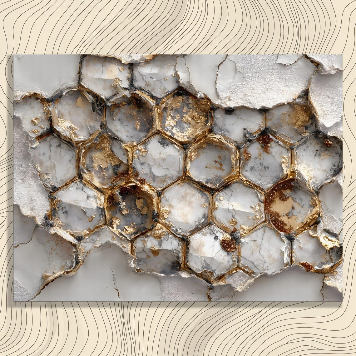 White Honeycomb Gold Leaf Geometric Hexagon Abstract Art Poster