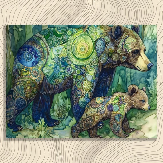 Vibrant Bear Canvas Wall Art Watercolor Painting Print Colorful Bears Decor Boho Forest Scene Wildlife