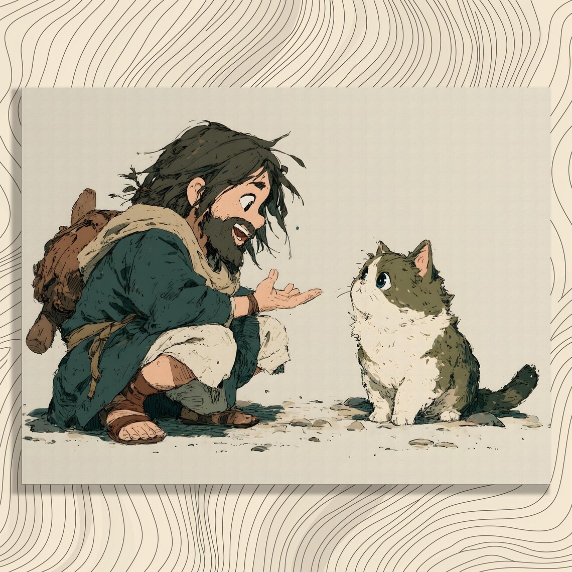 Whimsical Traveler Greeting Cat Cartoon Friendly Feline Art Poster