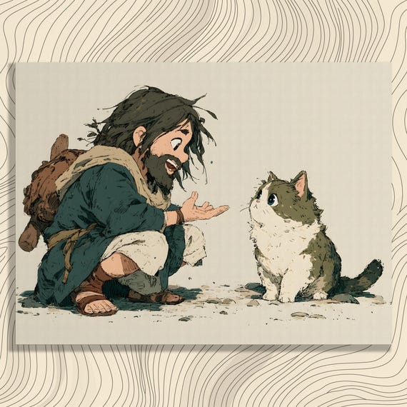 Whimsical Cat Traveler Canvas Wall Art Gift Friendly Feline Print Illustration Fantasy Decor