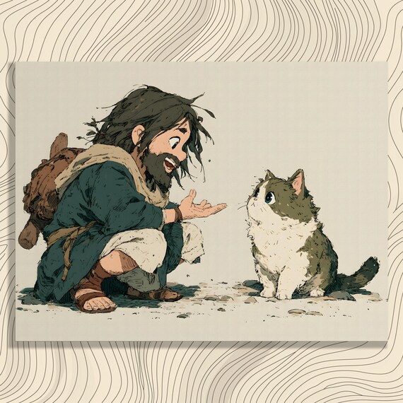 Whimsical Traveler Greeting Cat Cartoon Friendly Feline Art Poster