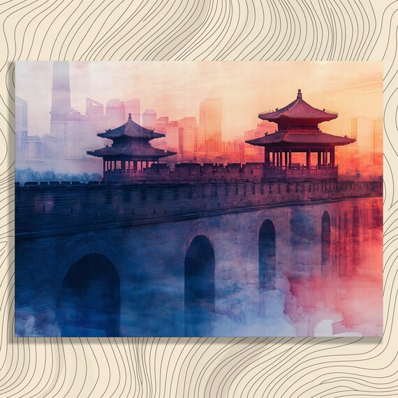 Chinese Pavilion Canvas Wall Art Modern Skyline Print And Traditional Bridge Painting Decor Gift For Enthusiasts Travel Lovers