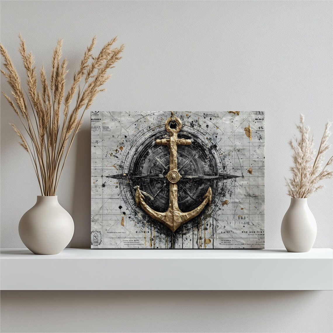 Nautical Anchor Compass Canvas Wall Art Distressed Gold And Black Navigation Map Design Coastal Grunge Decor Maritime Gift For Sailors