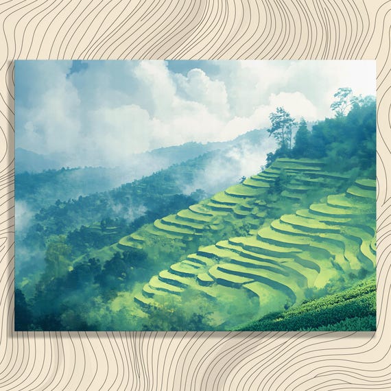 Serene Terraced Hillside Canvas Wall Art Modern Impressionism Print With Overcast Sky Lush Trees And Green Fields For Enthusiasts