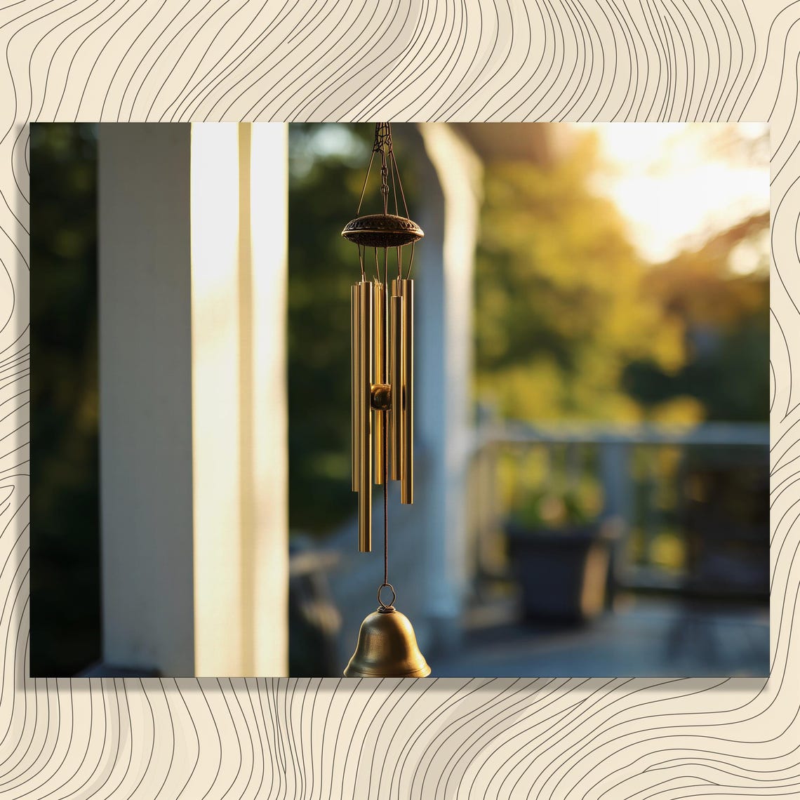 Golden Brass Wind Chime in Sunlight Serene Porch Photography Poster