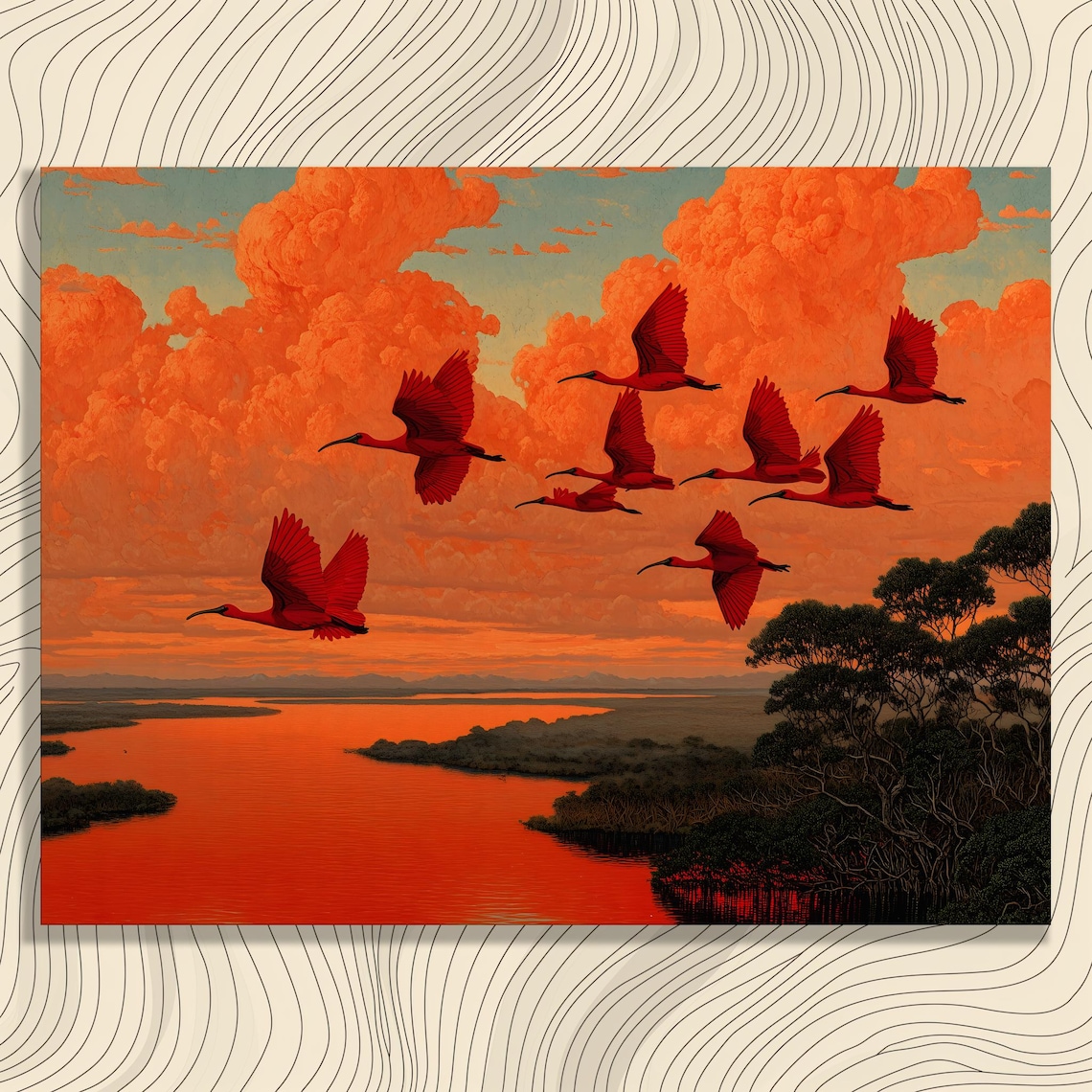 Scarlet Ibis Art Print, Tropical Bird Scene