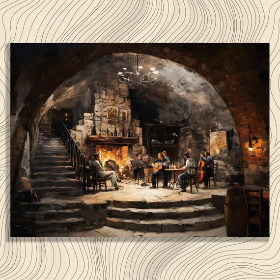 Musicians Playing In Candlelit Stone Cellar Fireplace Art Print