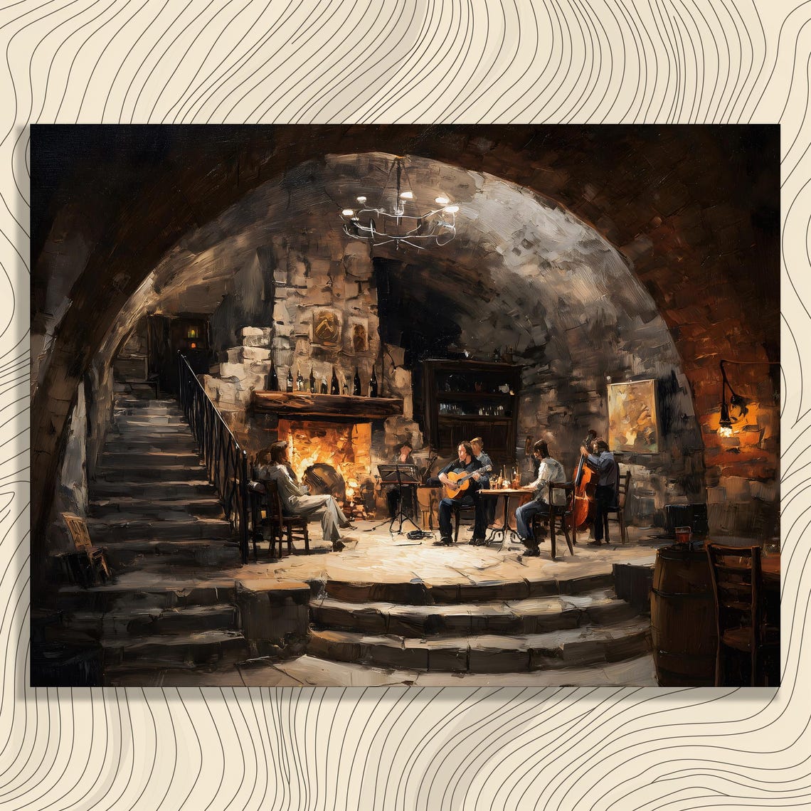 Musicians Playing In Candlelit Stone Cellar Fireplace Art Print