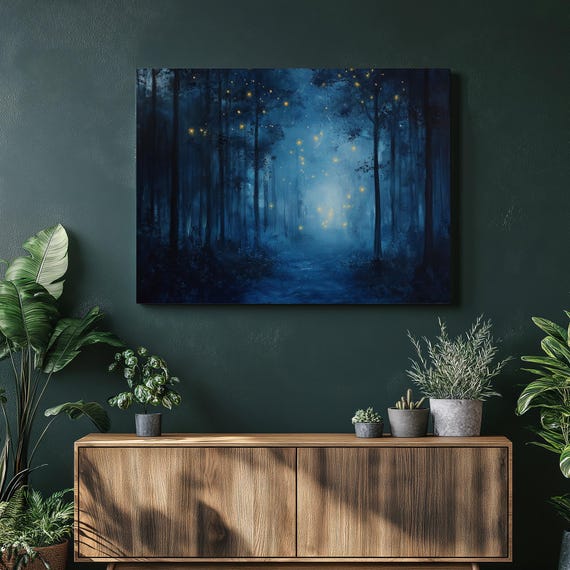 Serene Mystical Forest Canvas Wall Art With Fireflies At Night Abstract Blue Painting For Home Decor Bedroom Office Study