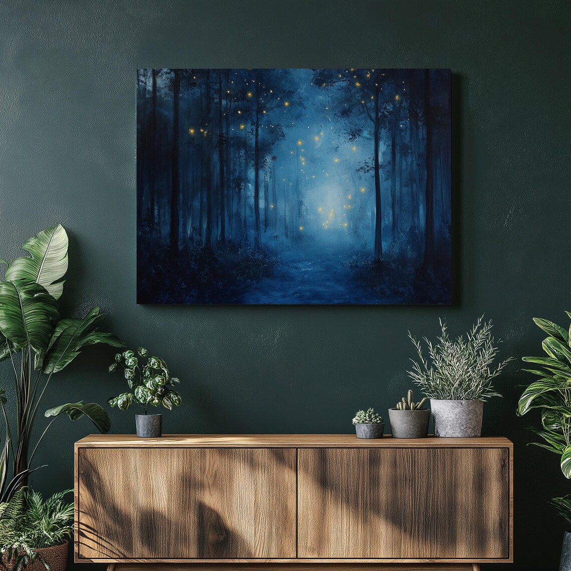 Serene Mystical Forest Canvas Wall Art With Fireflies At Night Abstract Blue Painting For Home Decor Bedroom Office Study