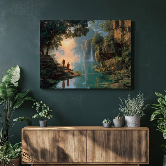 Serene Waterfall Monks Canvas Wall Art Sunrise Forest Lake Reflection Zen Meditation Traditional Landscape Buddhist Scene Nature Decor