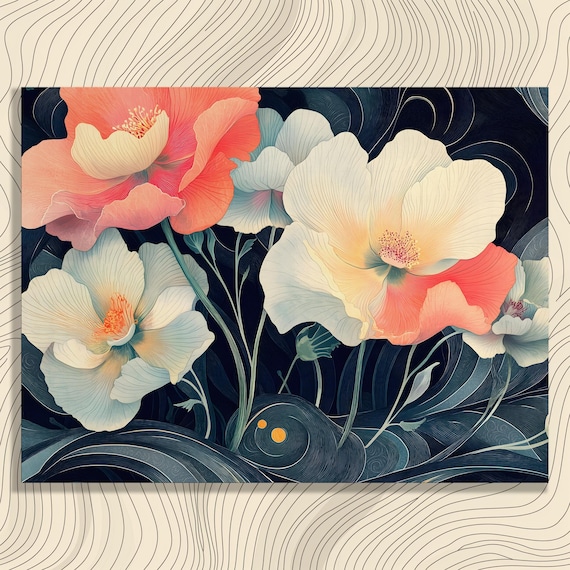 Coral White Poppies Dark Navy Background Art Nouveau Floral Poster