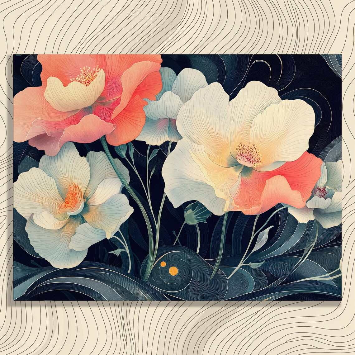 Coral White Poppies Dark Navy Background Art Nouveau Floral Poster