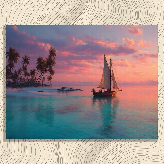 Serene Tropical Sunset Sailboat Palm Beach Ocean Canvas Wall Art