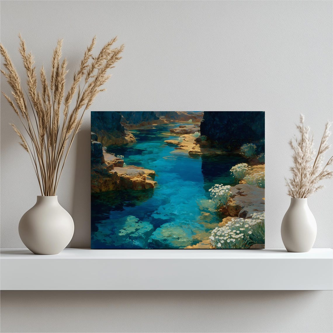 Turquoise Coastal Ocean Rocky Shore Wildflower Seascape Poster