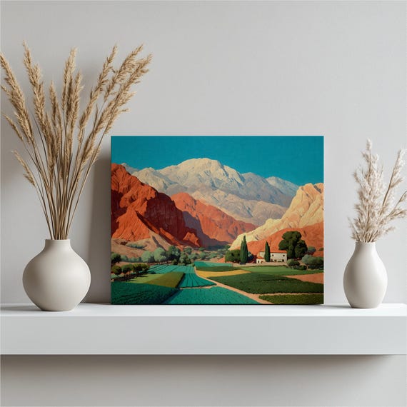 Colorful Mountain Farmhouse Canvas Wall Art Rustic Landscape Print Countryside Decor Vibrant Fields