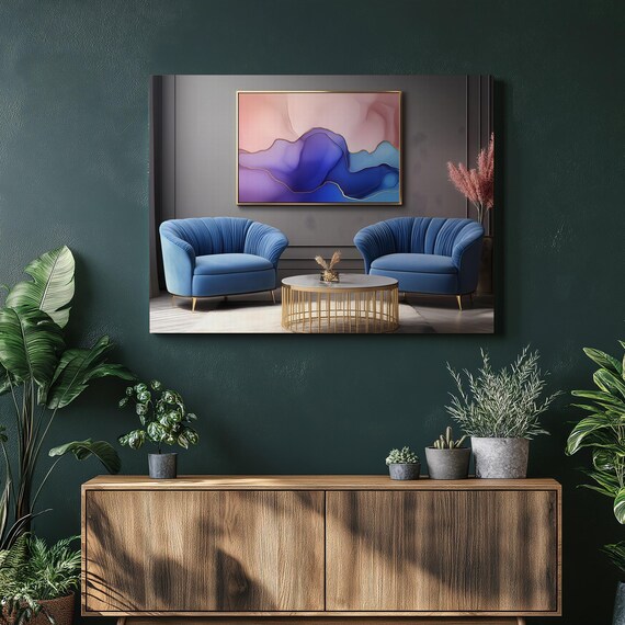 Abstract Alcohol Ink Canvas Wall Art Fluid Blue And Blush Pink With Gold Accents Large Horizontal Modern Decor Geode Inspired Painting