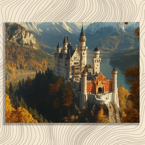 Germany Neuschwanstein Castle Canvas Wall Art Bavarian Alps Autumn Decor Stunning Architecture Scenic Autumnal Scenery Inexpensive Wallart
