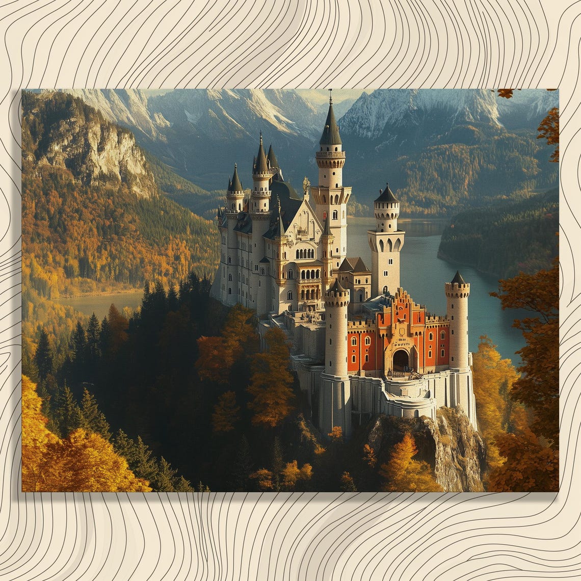 Germany Neuschwanstein Castle Canvas Wall Art Bavarian Alps Autumn Decor Stunning Architecture Scenic Autumnal Scenery Inexpensive Wallart