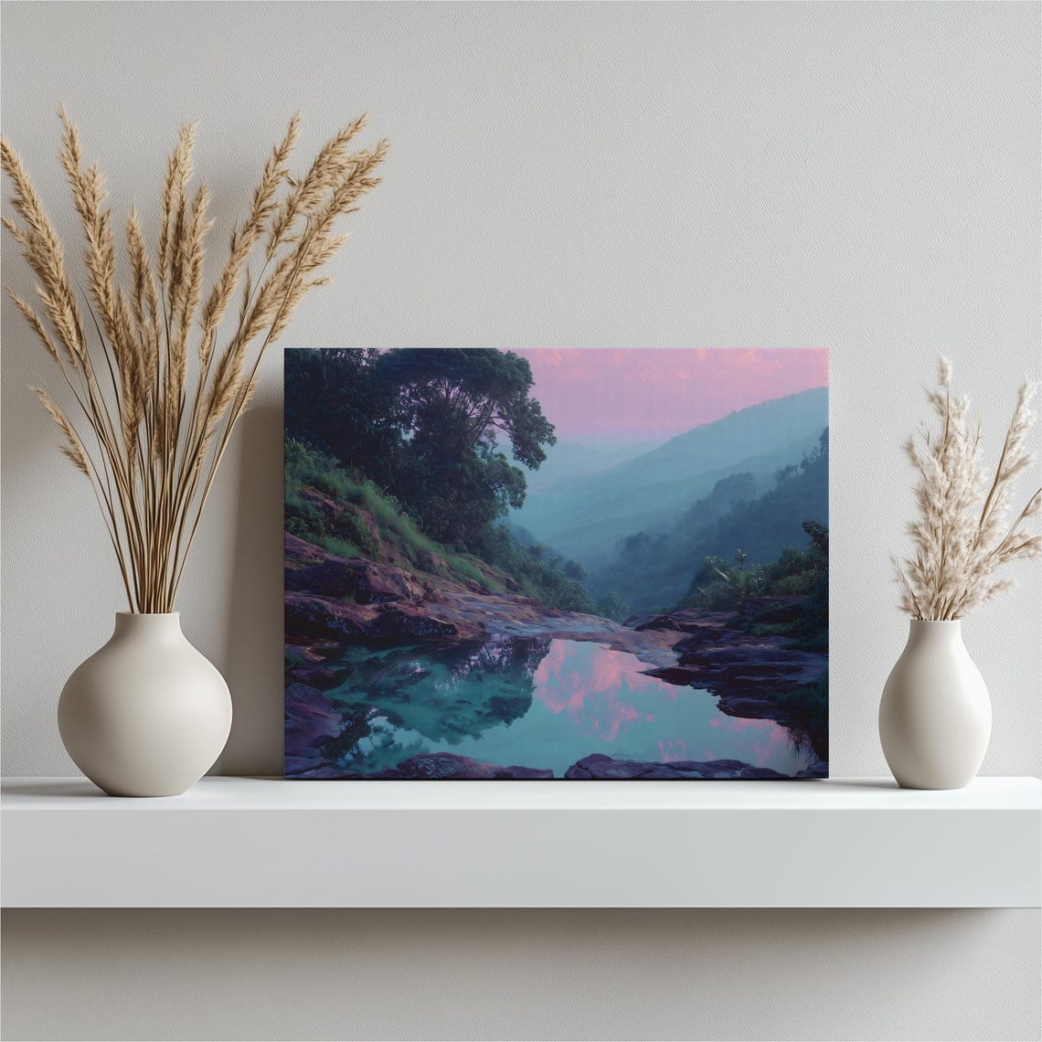 Twilight Mountain Lake with Pink Sky and Still Reflection Poster