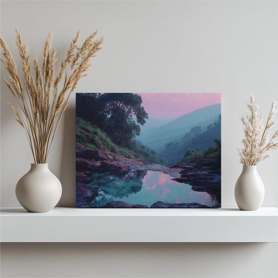 Tropical Jungle Sunset Canvas Wall Art Exotic Nature Reflection Pond Print Green Forest Landscape Decor Pink Blue Hanging