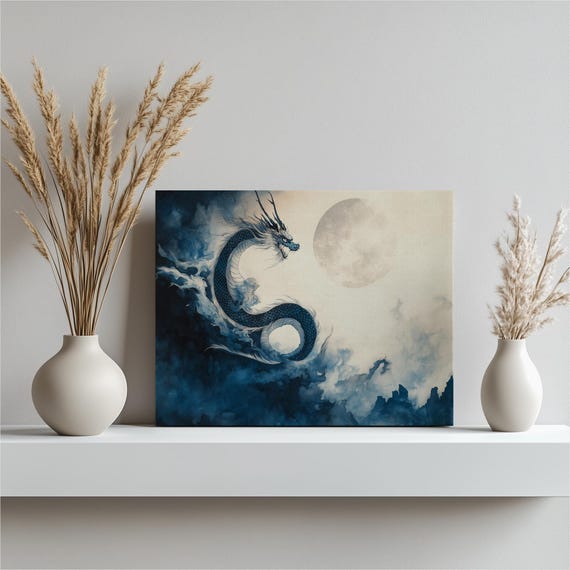 Dragon And Moon Canvas Wall Art Mystical Ink Painting Of Clouds Scales Modern Fantasy Mythology Decor For Living Room Bedroom