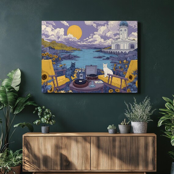 Cats Vinyl Record Player Lakeside Sunflowers Retro Boho Illustration Poster