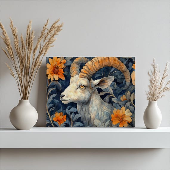 Ibex Portrait Floral Canvas Wall Art Watercolor Wild Goat With Orange Blossoms Botanical Illustration Nature Animal Print For Home Decor