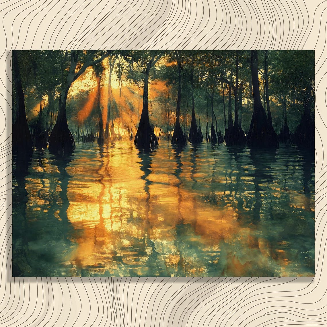 Sunset Mangrove Forest Golden Water Reflection Painting Poster
