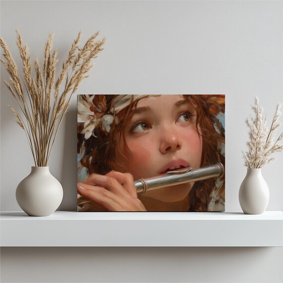 Female Flutist Portrait Woman Playing Flute Painterly Music Poster