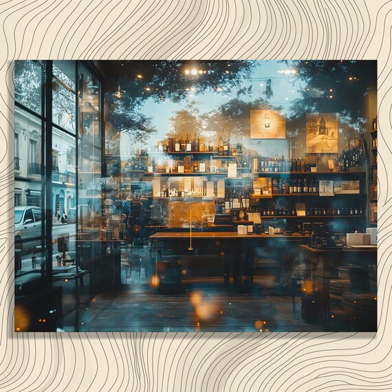Cozy Bar Interior Warm Night Lights City Bar Window Wall Art