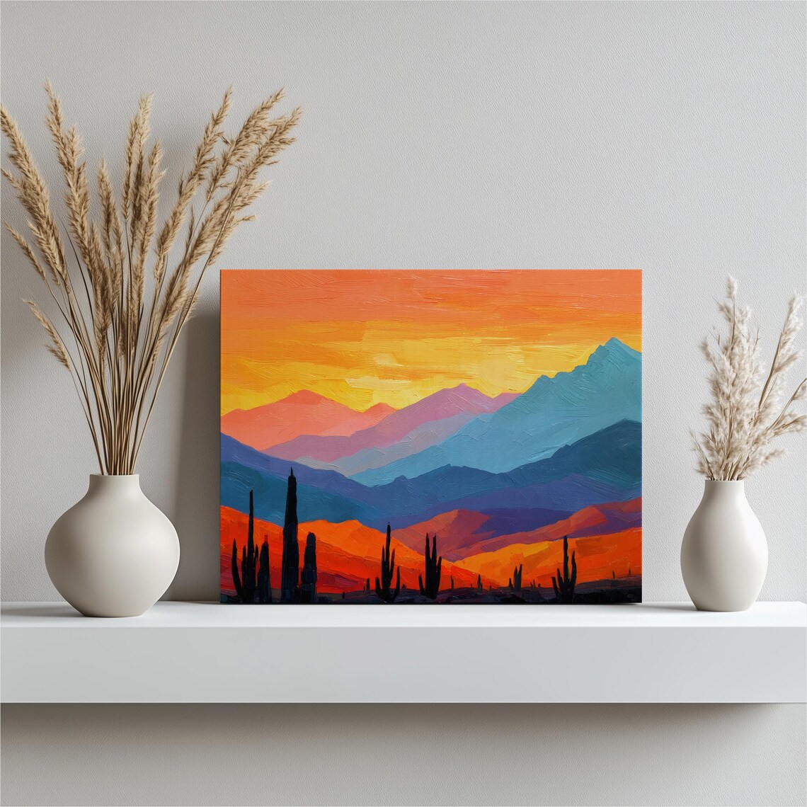 Colorful Desert Sunset Saguaro Cactus Mountains Oil Style Wall Art