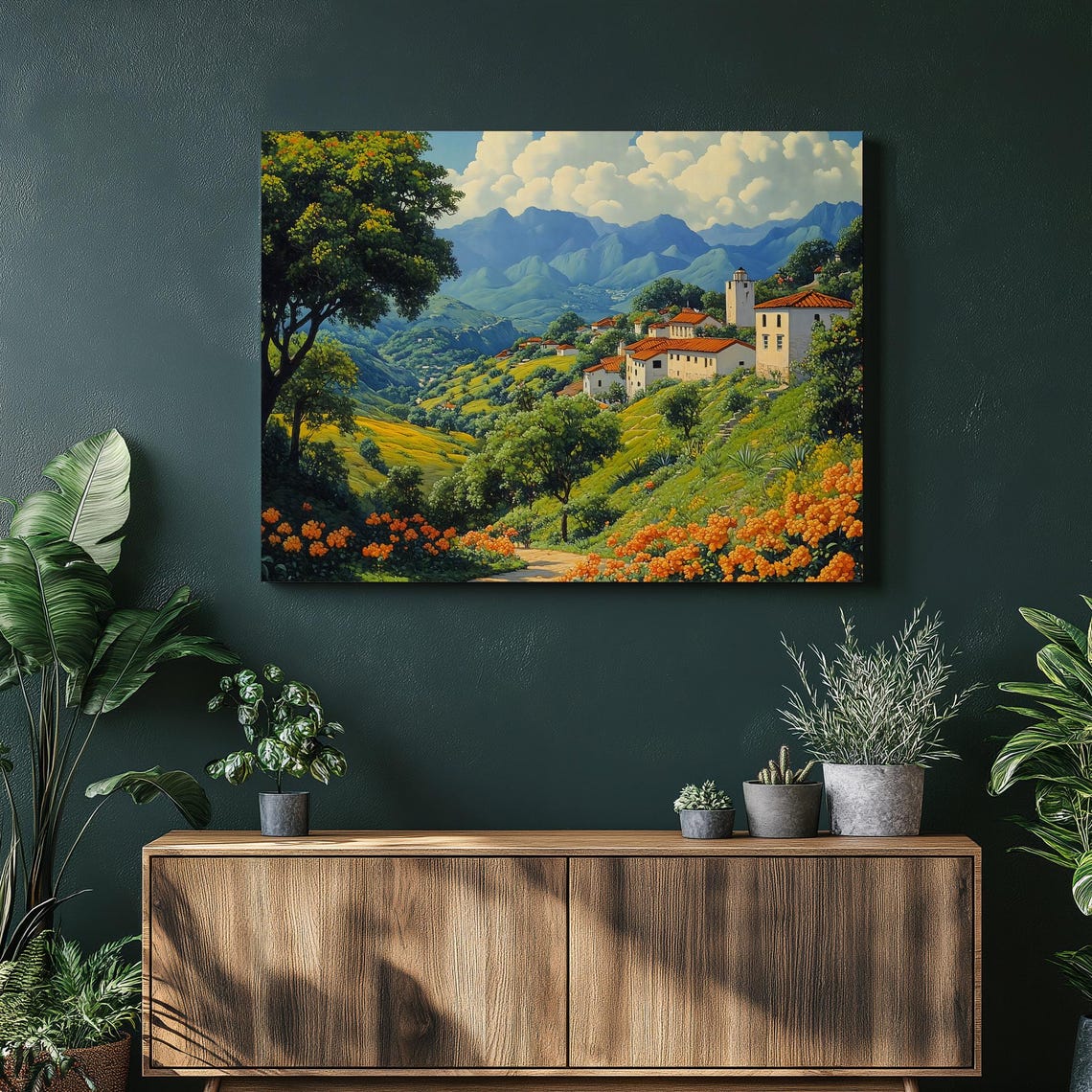 Hillside Village Red Roofs Wildflowers Mountain Valley Poster