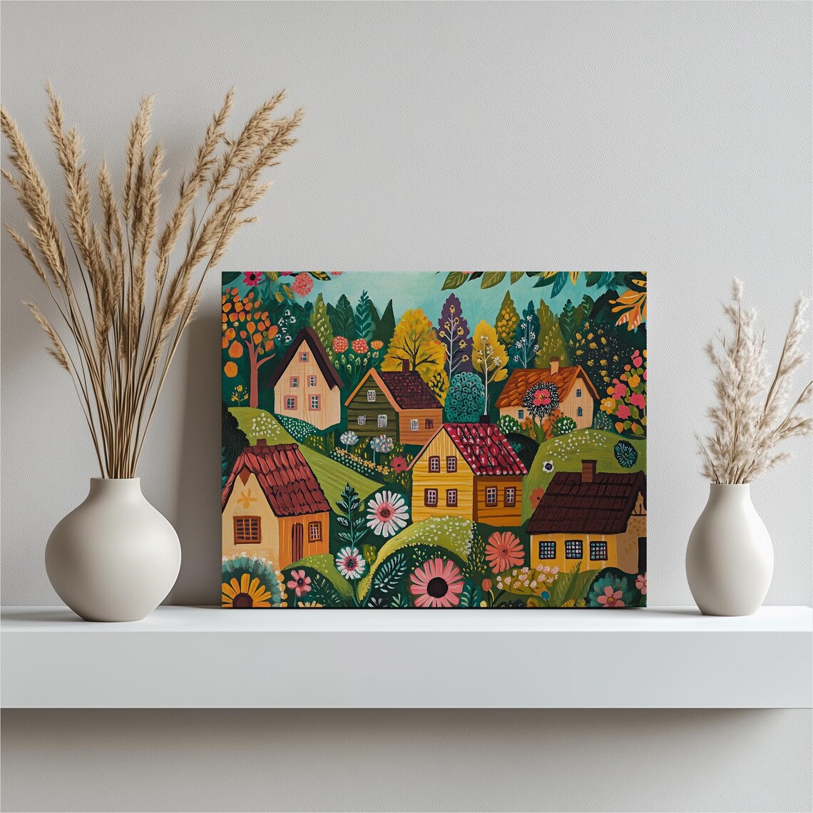 Poland Canvas Wall Art Colorful Folk Wooden Houses In Lush Countryside Landscape Farmhouse Home Decor Nature Hanging